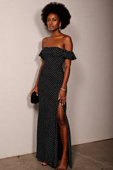 Schwarzes Schulterfreies Ballkleid mit Tupfen und Schlitz